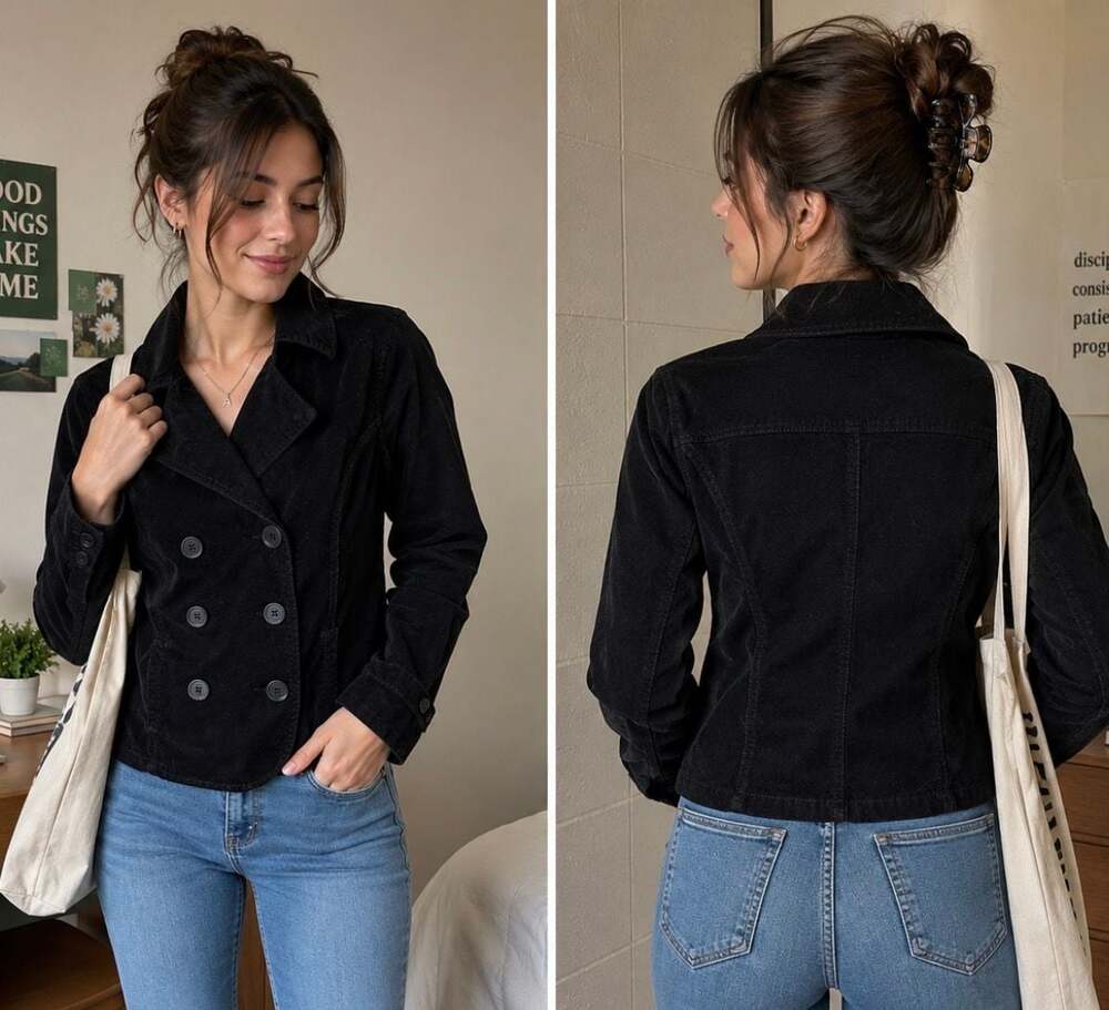 Joujou Royale Black Corduroy Double Breasted Pea Coat Jacket Size L